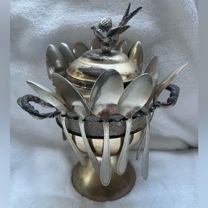 Antique Victorian Manhattan Silver Plate Sugar Bowl with Bird Tip Handles&Spoons